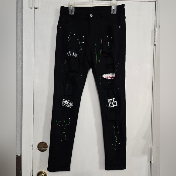 Unbranded Men's Black Distressed Jeans with Green Accents Sz 30 - Picture 10 of 10